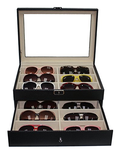 12 Sunglasses Case with Drawer Extra Large Black Carbon Fiber