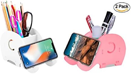 BumBiBomBi Cell Phone Stand, Cute Elephant iPhone Stand Tablet Desk Bracket with Pen Pencil Holder for Tablet Nintendo Switch iPad, Smartphone iPhone , 2- PACK (White and Pink)