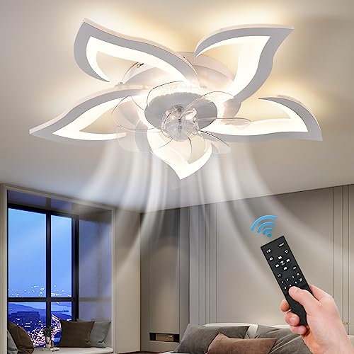 ZHMDJDSH 26" Geometric Ceiling Fan with Lights, 6 Speeds 3 Colors Ceiling Fan with Light Remote Control, White Low Profile Flush Mount Ceiling Fan for Kitchen Bedroom Living Room