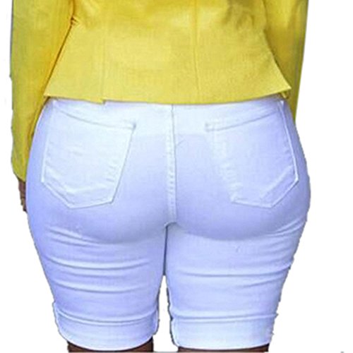 Women Elastic Destroyed Hole Jeans, Leggings Short Pants Denim Shorts Ripped Jeans (S, White)