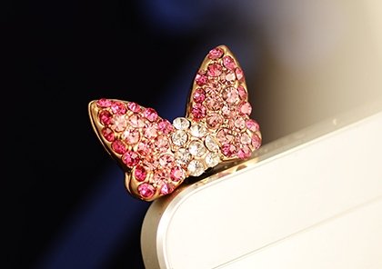 CJB Dust Plug / Earphone Jack Accessory Pink Lovely Rhinestone Ribbon for iPhone 4 4S S4 5 All Device with 3.5mm Jack