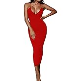 PRIMODA Women's Sexy Neon Asymmetrical Spaghetti Strap Dress Deep V-Neck Sleeveless Bodycon Midi Club Dress