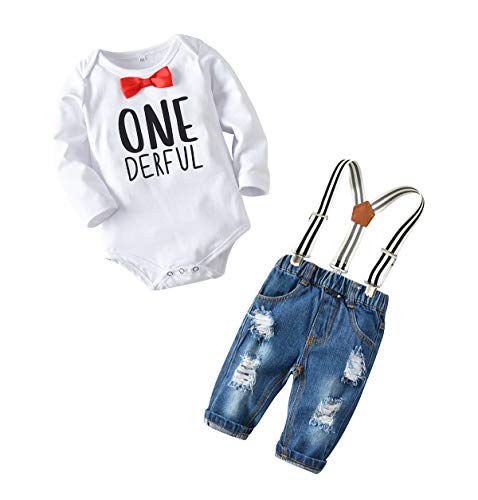 Toddler Baby Boy Clothes Set Bowtie Romper Suspenders Ripped Denim Pants Outfits (One Derful2, 100/Fit 18-24 Months) - Thumbnail 2