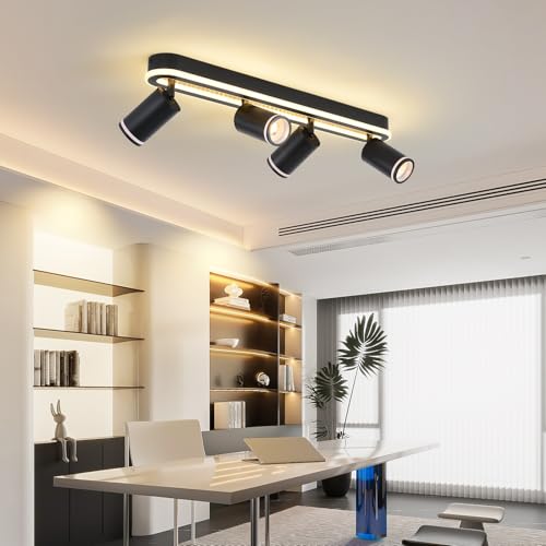 MYCUL Tech 4 Flames 350° Swivel, Ceiling Spotlight with Lower Glow 36W+4x5W Spotlights GU10,3000K Warm White Indoor LED Spotlights, Modern Ceiling Lamp, Spotlight for Kitchen, Living Room Black