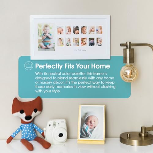 Pearhead My First Year Photo Moments, Baby's First Twelve Months Photo Collage and Gender Neutral Keepsake, Ideal for Baby Shower, New Mom Gift and Nursery Decor, 13 Photo Inserts, White