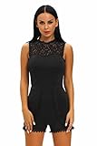 Roswear Women's Sleeveless Round Neck Back Zipper Lace Patchwork Romper
