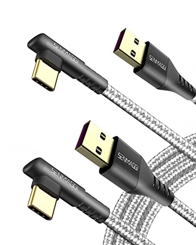 USB C Cable 10ft, SENMAGGI 2-Pack Right Angle 3.1A Fast Charge Type C Cable, Nylon Braided Phone Charger Cord for Samsung Galaxy S20 S10 S9 S8, Note 10 9 8, LG V50 and Other USB C Charger(Silver)