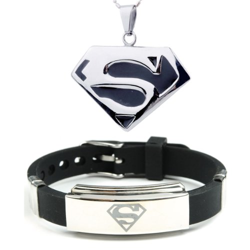 Hydia Steel Jewelry Set of Pendant Necklace & Bracelet Superman Symbol Black