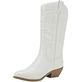 Soda RENO ~ Women Western Cowboy Stitched Pointe Toe Low Heel Ankle Mid Shaft Fashion Boots White/Beige Pu 6.5