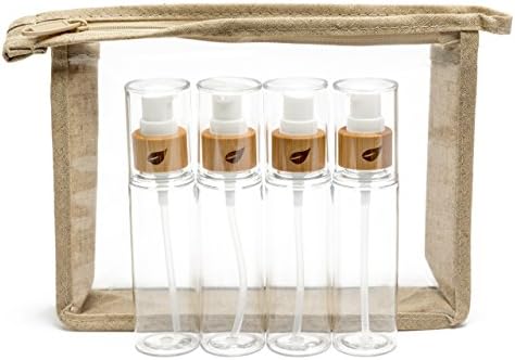 Travel Toiletry Kit Bamboo Pump Bottles in a TSA & Airplane Friendly Transparent Quart Size Bag for Women or Men - for Makeup or Shampoo