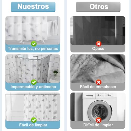 Cortina de Baño para Ducha 180x180cm Cortina para Regadera Impermeable PEVA 12 Ganchos Shower Curtain Opaca a Prueba de Moho para Hogar Bañeras Cabina Hotel Protección de Privacidad Patrón de Hojas