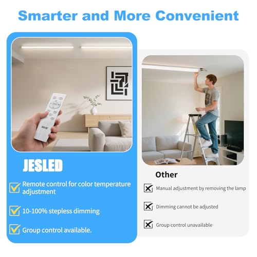 JESLED T8 T12 LED Tube Light Bulbs 4FT with Remote, Type B, 3200LM, 24W, Dimmable 4 Foot Fluorescent Tube Replacement, 3000K-6500K Adjustable Color Temperature, Ballast Bypass, Dual-Ended, ETL, 4-Pack
