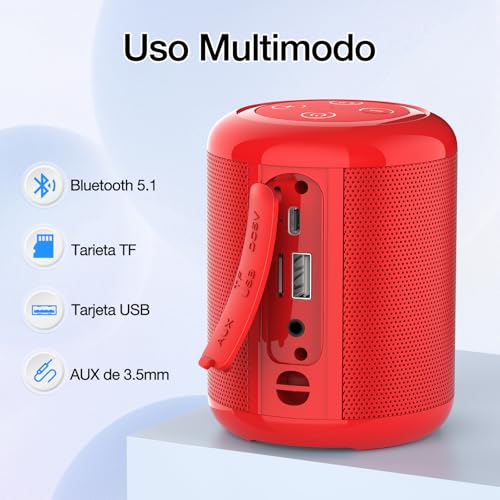 1 Hora Bocina Bluetooth Portátil 5W, Mini Bocina Inalámbrica con USB-C, Radio FM, TWS, USB/TF/AUX, Manos Libres, Batería 1500mAh, Bocina Pequeña para Viaje, Oficina y Casa, Rojo