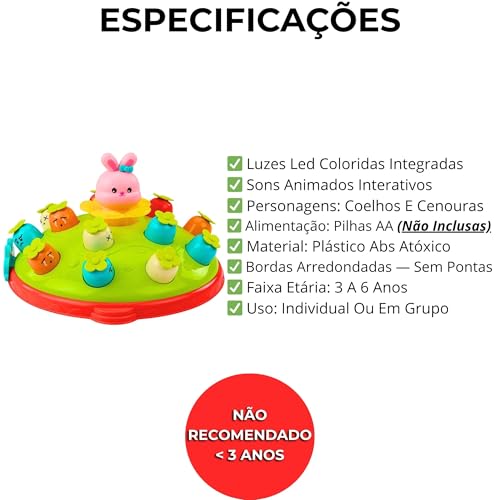 Bate Toupeira Infantil Eletrônico com Martelo — Luz e Som, Desenvolvimento Sensorial e Coordenação Motora, Para Crianças 3 a 6 Anos, Presente de Aniversário e Natal
