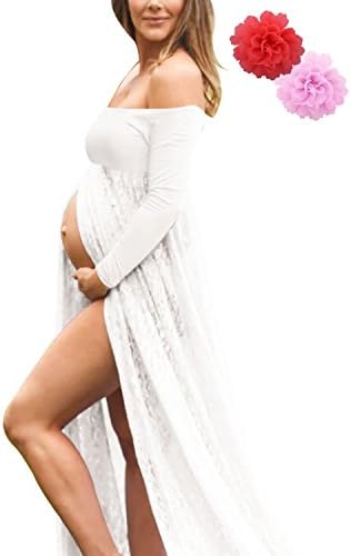 WAEKIYTL Maternity Lace Off Shoulder Maxi Dress Split Front Pregnant Dresses for Photoshoot
