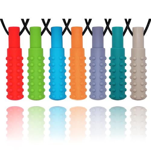 Chew Necklaces for Sensory Boys and Girls, Silicone Chew Toys for Kids with Autism, ADHD, SPD, Teething or Special Needs, Chewy Necklace for Adults Reducing Anxiety Fidgeting 7 Pack