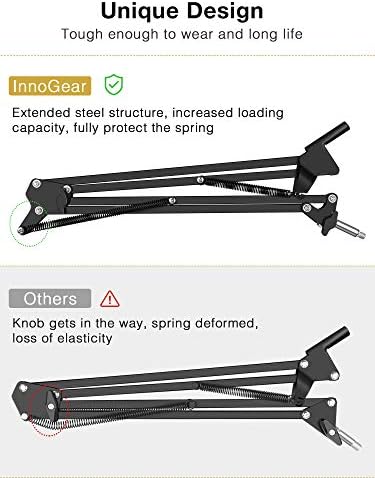 Adjustable microphone arm stand in silver metal with a screw mechanism.