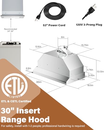 FLYPINE 30 inch Built in/Insert Range Hood 900 CFM, Stainless Steel | Touch Control, 4-Speed Fan, Ducted/Ductless Convertible, LED Lights, Quiet Operation, Dishwasher Safe Filters