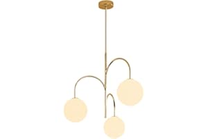 Flyrose Mid Century Modern 3-Light Milk Glass Globe Chandelier Brass Gold Pendant Light Fixture Industrial Iron Ceiling Light Fixture for Kitchen Island Bedroom