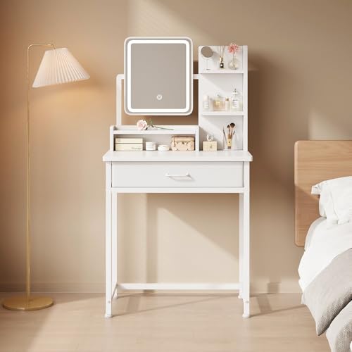 Makeup Vanity Desk with Mirror and Lights, Small Vanity with Fabric Storage Drawer & Side Table & Shelves, White Compact Makeup Vanity for Bedroom