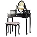 Merax Vanity Set with Flip Top Mirror Makeup Dressing Table & Cushioned Stool - 2 PC Contemporary Mirrored Make Up Desk with Bench & Removable Drawers (Black)