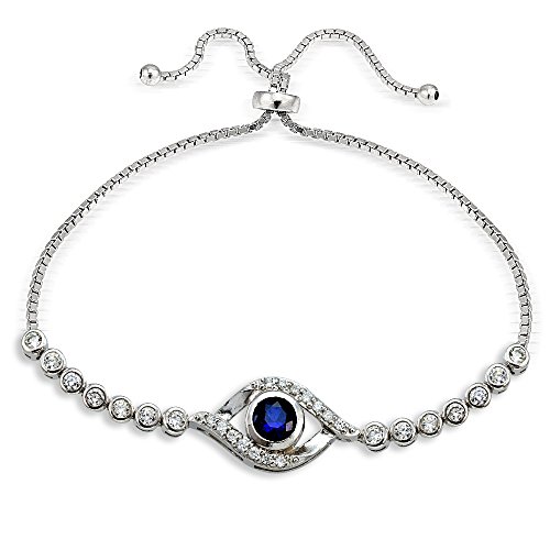 Hoops & Loops Sterling Silver Blue Cubic Zirconia Evil Eye Pull String Adjustable Bracelet