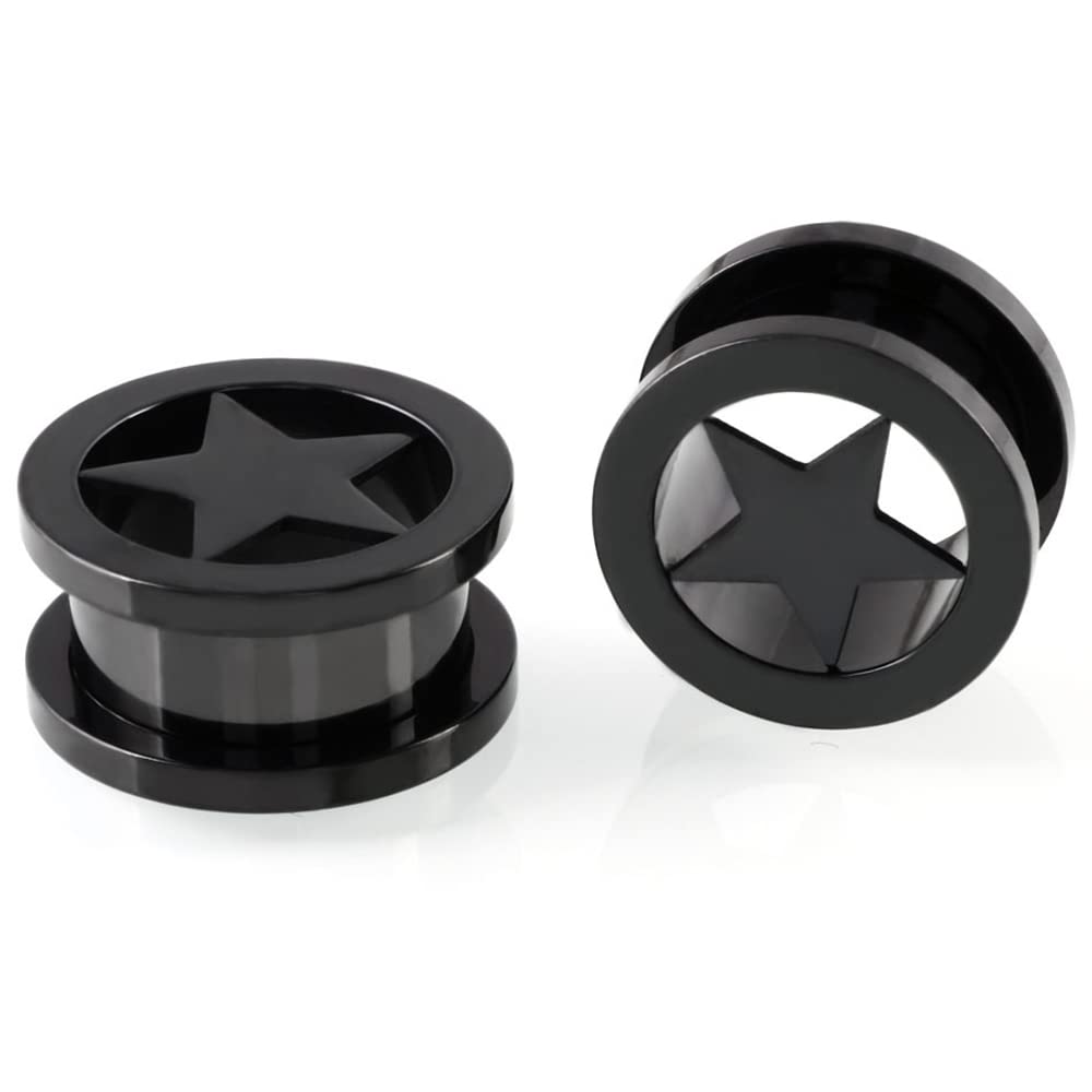 Star Tunnels Plugs Stainless Steel Screw Tunnels Ear Expander Stretcher Piercing Gauges With O-Ring Fashion Punk Black Minimalist Lucky Earring Body Jewelry Gifts for Women Girls (Black 9/16"(14mm))