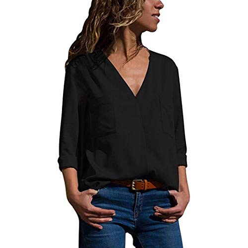 OWMEOT Women Long Sleeve V Neck Hollow Out Floral Print Shirt Tops Long Blouse Tee (Black, L)