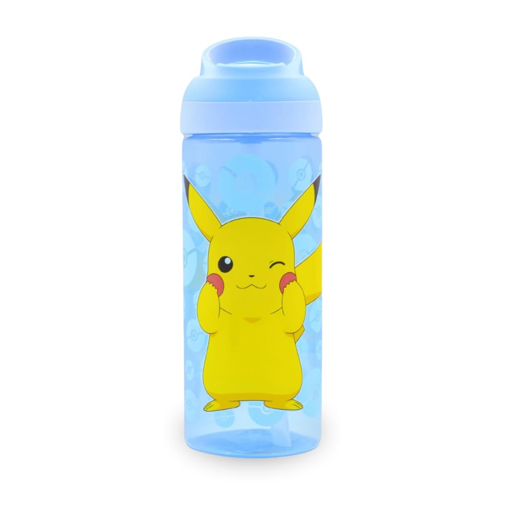 HOX POKEMON PIKACHU Reusable BPA free Kids Atlantic Water Hydration Bottle with built in Carry Loop, Flip Up Spout and removeable straw - 600ml, White
