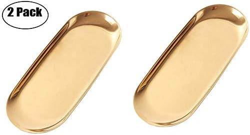 NEWBEER Dessert Tray Mirror Candle Plates Stainless Butter Dish Electroplating Metal Gold Tray for Jewelry Storage Decoration Afternoon Tea 7x3inch 4oz(2-pack)