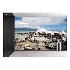 Landscape with Rocks and Waves by The Seashore - Removable Wall Mural | Self-Adhesive Large Wallpaper - 66x96 inches