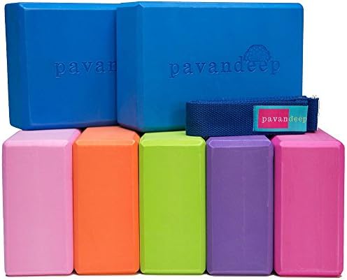 Pavandeep Yoga Blocks (1 Block or 3pc Yoga Block and Strap Set) High Density EVA Foam Blocks + Yoga Strap, Balance Stretching Stability & Support