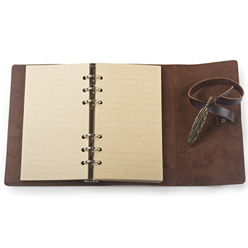Ancicraft Vintage Soft Genuine Leather Journal Diary Notebook Refillable with Feather 6-ring Binder Lined Craft Paper A6 (Dark coffee with feather) - Thumbnail 5