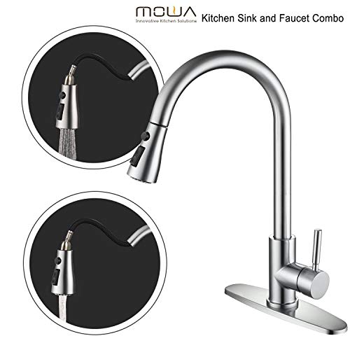 MOWA HMT2522 25" x 22" Pro Series Handmade 16 Gauge Stainless Steel Top Mount Drop In Single Bowl Kitchen Sink w/Sink Bottom Grid, Basket Strainer, Brushed Nickel Pull-down Faucet