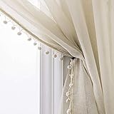Selectex Linen Look Pom Pom Tasseled Sheer Curtains - Rod Pocket Voile Curtains for Living and Bedroom, Set of 2 Curtain Panels (52 x 63 inch, Nature)
