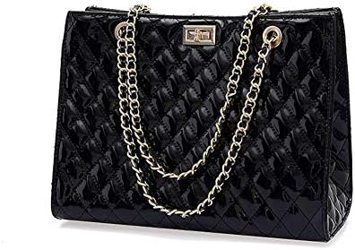 DCRYWRX Women's Chain Quilted PU Leather Shoulder Bag Zipper Simple Large Casual Tote White/Black L13 W6 H9.5