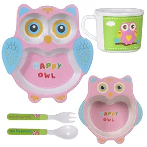 POLKA TOTS Eco Friendly Bamboo Fiber Dinner Set, 5 Pcs Tableware Crockery Set for Weaning Toddler & Self Feeding Baby Utensil Set for Baby Kids (Happy Owl)