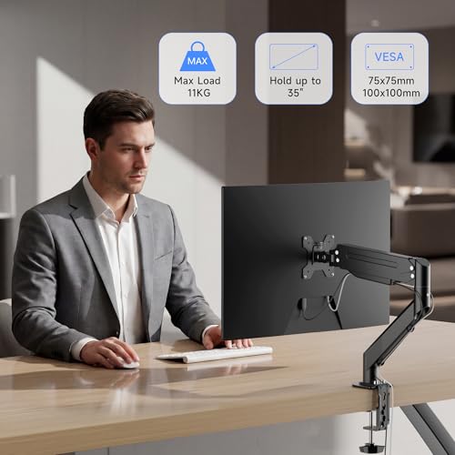 Suptek Single Monitor Arm Gas Spring, Monitor Arm Desk Mount for 17-35 inch Monitors up to 11kg, Tool Free Height Adjustable Screen Arm with Tilt Swivel Rotation, VESA 75/100mm, C-clamp/Grommet Option