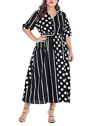 Roseinthebox Vestido largo de retazos de lunares con rayas largas y negro para mujeres Casual Verano de manga corta con lazo en la cintura con cuello en V