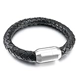 INBLUE Men's 8mm Stainless Steel Genuine Leather Bracelet Bangle Black Silver Tone Braided Magnetic Clasp 8