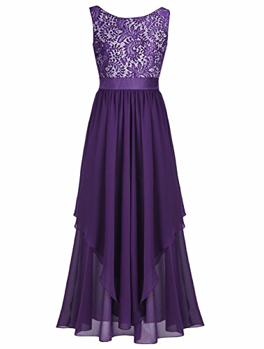 FEESHOW Women's V-back Lace Chiffon Bridesmaid Long Evening Dress Formal Prom Gowns