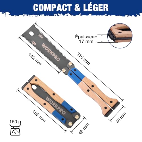 WORKPRO Japanese Folding Saw 310mm, Double Sided Pulling Saw 11/17 TPI | SK5 Flexible Steel Blade, Beech Wood Non-Slip Handle, Precise Wood Saw for Carpentry, Gardening and Camping