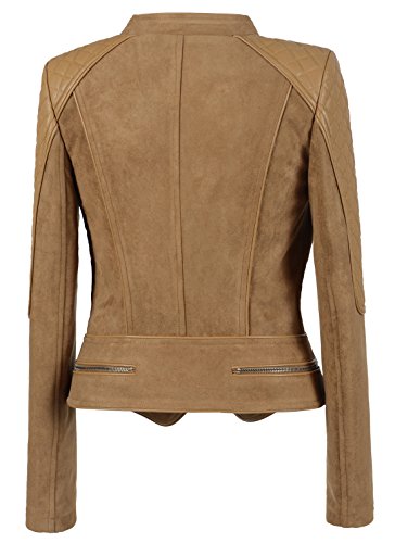 Chouyatou Women's Fashion Perfect Fit Faux Suede-Pu Leather Quilted Biker Jacket (Small, Camel)