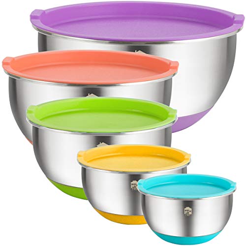 Mixing Bowls Set of 5, Wildone Stainless Steel Nesting Mixing Bowls with Lids, NonSlip Silicone