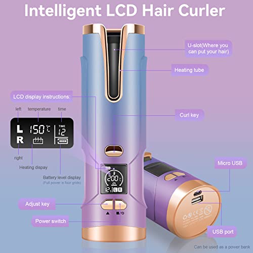 Automatic Curling Iron,Cordless Auto Hair Curler, Rotating Curling Iron with 5200 mAh Battery, Adjustable Temperatures & Timers Hair Crimper for Women. (Multicolored)