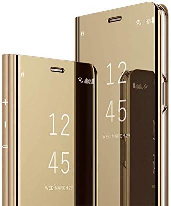 Starred Clear View Standing Cover Flip Case for Samsung Galaxy S10 360-degree Protective Wallet Mirror Case (Gold)