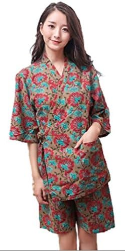 Ramatic Women and Men Floral Cotton Kimono Robes Top and Bottom Japanese Jinbei Short Pajamas Sleepwear Yukata Plus Size (US XXL :Tag XXXL), Asian Brown for Women)