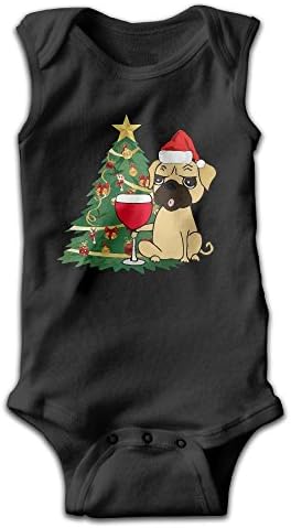 DiCY Pretty Dog Pug With Christmas Hat and A Bottle Of Wine Unisex Baby Sleeveless Romper Bodysuit