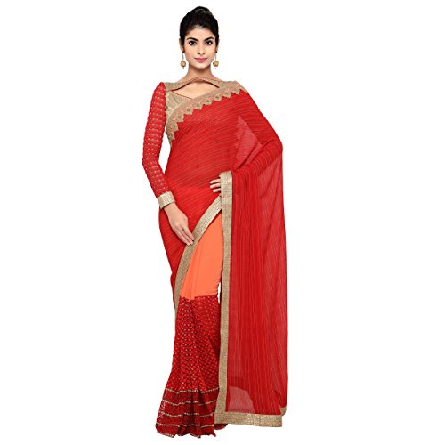Triveni Indian Women's Elite Red Colored Border Worked Faux Georgette Festive Saree