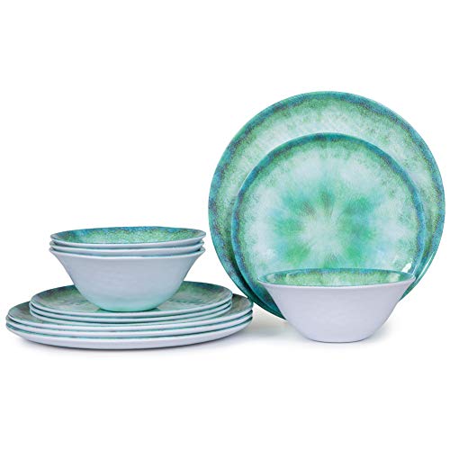 Melamine Dinnerware Set 12pcs Plates and Bowls Set, Indoor and Outdoor Dishes for 4